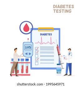 Diabetes testing concept , a man holding glucometer machine, a doctor standing holding document next to syringe and elements of blood test tube insulin, diabetes document and blood drop