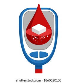 Diabetes Testing Device Icon - Sugar Cube Dissolving Inside Blood Drop - High Glucose Level Sign - Isolated Vector Medical Antidiabetic Symbol