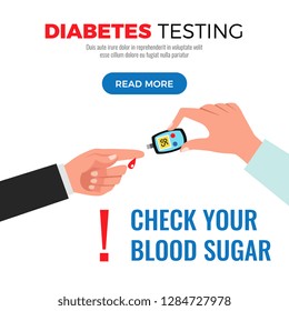 Diabetes testing information on checking blood sugar with glucose meter procedure web page flat design vector illustration