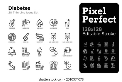 Diabetes thin line icons set: blood test, glucometer, glucose level, insulin pen, hyperglycemia, insulin pump, diabetic retinopathy, medical checkup. Pixel perfect, editable stroke Vector illustration