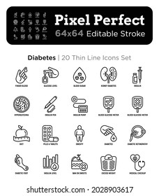 Diabetes thin line icons set: blood test, glucometer, glucose level, insulin pen, hyperglycemia, insulin pump, diabetic retinopathy, obesity. Pixel perfect, editable stroke. Vector illustration.