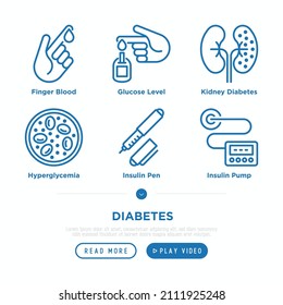 Diabetes thin line icons set: blood test, glucometer, glucose level, insulin pen, hyperglycemia, kidney diabetes, insulin pump. Pixel perfect, editable stroke. Vector illustration.