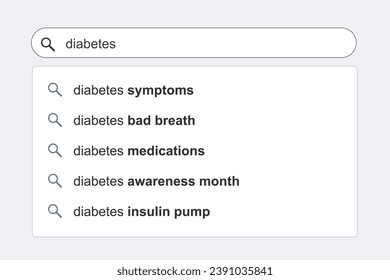 Diabetes topics search results. Diabetes illness symptoms and treatment concept online search engine autocomplete suggestions.