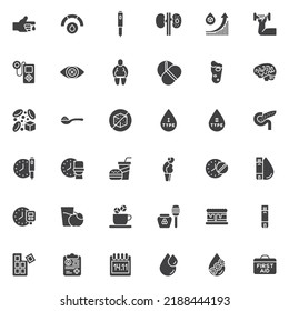 Diabetes Treatment Vector Icons Set, Modern Solid Symbol Collection, Filled Style Pictogram Pack. Signs, Logo Illustration. Set Includes Icons As Blood Glucose Level, Insulin Injection, Sugar Spoon