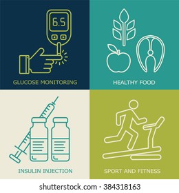 Antecedentes de Vector de la diabetes.  Conjunto de iconos de estilo de línea de terapia diabética. Prueba de glucosa en sangre. 