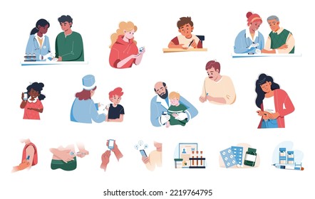 Diabetes Vector Illustration Set. Collection Of People With Diabetes, Taking Insulin Injection In Belly, Finger, Shoulder With Diabetic Pen. Doctor And Patient Check Blood Sugar Level With Glucometer.