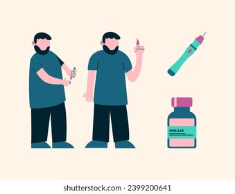 Diabetes-Vektorgrafik-Set. Sammlung von Menschen mit Diabetes, die Insulininjektion in Bauch und Finger mit einem diabetischen Injektor erhalten.