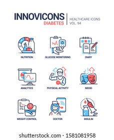 Diabetes - Vector Line Design Style Icons Set. Healthcare Mobile App Idea. Nutrition, Glucose Monitoring, Diary, Analytics, Physical Activity, Mood, Weight Control, Doctor, Insulin Injection Images