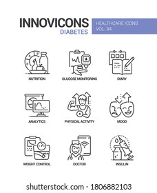 Diabetes - vector line design style icons set. Healthcare mobile app idea. Nutrition, glucose monitoring, diary, analytics, physical activity, mood, weight control, doctor, insulin injection images