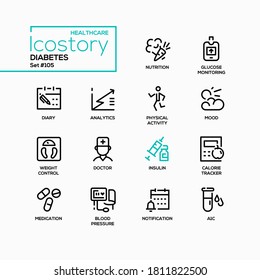 Diabetes - Vektorgrafik Design Stil-Symbole Set. Mobile App für das Gesundheitswesen Ernährung, Überwachung der Glukose, Tagebuch, Analyse, körperliche Aktivität, Stimmungslage, Gewichtskontrolle, Arzt, Bilder von Insulininjektionen