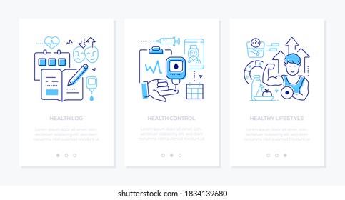 Diabetes - Webbanner mit Vektorgrafik-Design mit Kopienraum für Text. Mobile App-Idee für den Gesundheitspfleger Illustrationen zur Überwachung des Blutzuckerspiegels, zu Tagebuch, Analyse, körperlicher Aktivität und zur Gewichtskontrolle