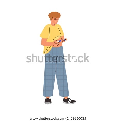 Diabetic boy patient using insulin pen for making an insulin injection to the abdominal area. Self injection, treatment with medical drugs vector illustration. Diabetes control and healthcare concept