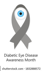 Diabetic Eye Disease Awareness Month concept vector for medical blog, website. Event is celebrated in November. Big grey ribbon and eye are isolated on white background.