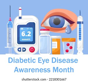 Diabetic Eye Disease Awareness Month concept vector for medical blog, website. Event is celebrated in November. Glucometer, syringe, human eye.