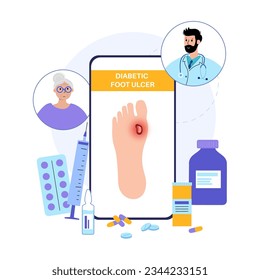 Diabetic foot syndrome. Online consultation with a doctor on the internet. Deep ulcer, open sore or wound on feet. Gangrene infection and amputation. Pain in leg, diagnostic and treatment flat vector.