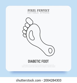 Icono de línea delgada de pie diabético. Abre las úlceras en los pies. Trazo perfecto y editable. Ilustración vectorial.