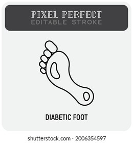 Icono de línea delgada de pie diabético. Abre las úlceras en los pies. Trazo perfecto y editable. Ilustración vectorial.