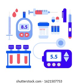 Diabetic items set: glucose meter, insulin pump, blood glucose test, test strips, syringe, injection Pen. Insulin problem awareness control. Medicine and healthcare concept. Flat vector illustration