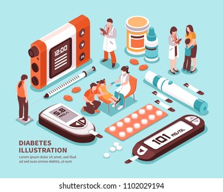 Diabetic Patient Life Isometric Composition With Diagnosis Sugar Level Tests Weight Control Diet Insulin Injection Vector Illustration 