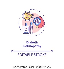 Diabetic retinopathy concept icon. Adults eyes diseases. Damage occurs to retina due to diabetes mellitus idea thin line illustration. Vector isolated outline RGB color drawing. Editable stroke