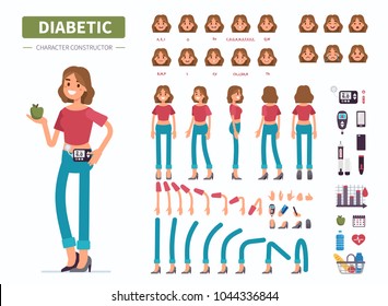 Diabetic woman character constructor for animation. Front, side and back view. Flat cartoon style vector illustration isolated on white background.
Diabetic woman character constructor for animation. Front, side and back view. Flat cartoon style vector illustration isolated on white background.