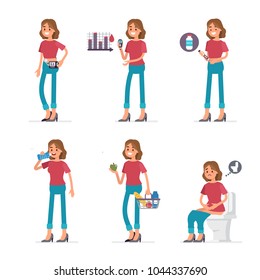 Diabetic woman character daily routine. Flat style vector illustration isolated on white background. Diabetic woman character daily routine. Flat style vector illustration isolated on white background.