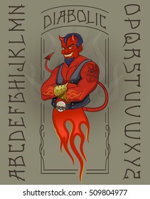 Diabolic vintage typeface. Hand made typeface with devil mascot in retro frame.