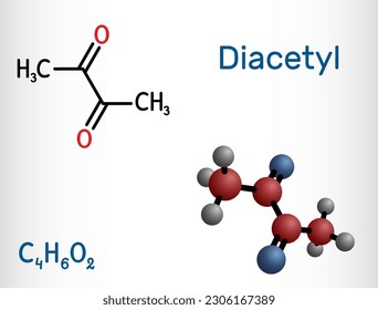 Diacetyl, butanedione molecule. It is occurs  in alcoholic beverages and is added as a flavoring to some foods. Structural chemical formula, molecule model. Vector illustration