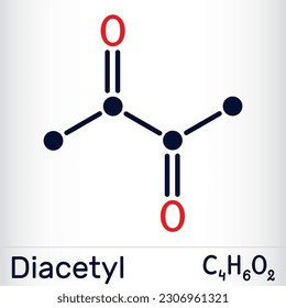 Diacetyl, butanedione molecule. It is occurs  in alcoholic beverages and is added as a flavoring to some foods. Skeletal chemical formula. Vector illustration