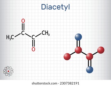 Diacetyl, butanedione molecule. It is occurs  in alcoholic beverages and is added as a flavoring to some foods. Structural chemical formula, molecule model. Sheet of paper in cage. Vector illustration