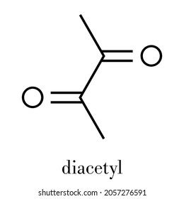 Diacetyl (butanedione) molecule. Responsible for taste of butter. Used for butter flavouring. Causes popcorn worker’s lung (bronchiolitis obliterans). Skeletal formula.