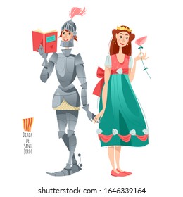 Diada de Sant Jordi (Día de San Jorge). Festival tradicional en Cataluña, España. Princesa con una rosa, caballero con un libro. El Día de la Rosa. El Día del Libro. Vector