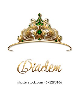 Diadem or crown made of gold and precious stones, emeralds on a white background.