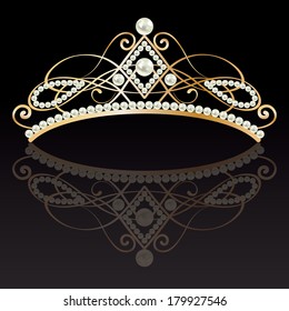 diadem. luxury gold with pearls feminine tiara. with reflection isolated on black lighted background. vector illustration.