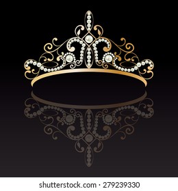 diadem. luxury gold with pearls feminine tiara. with reflection on black lighted background. vector illustration