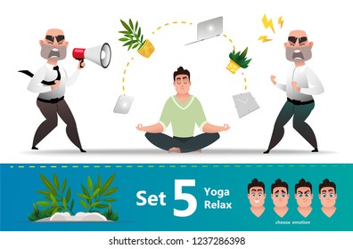 Diagnosing a nervous breakdown and relaxation of a manager's employee using yoga. Young business man in lotus position. Set of emotions for cartoon character office worker. Boss screams and makes work