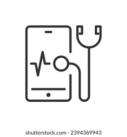 Diagnosing a smartphone, linear icon. Stethoscope and smartphone. Line with editable stroke