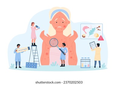 Diagnosis of allergy at examination with allergist vector illustration. Cartoon tiny people with magnifying glass research allergic symptoms on skin of woman, doctors advise antihistamine treatment