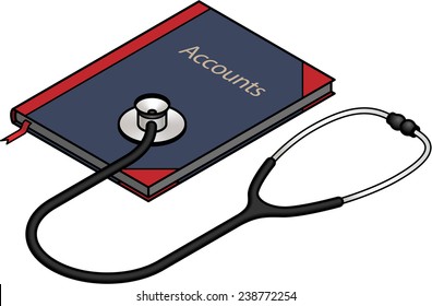 Diagnosis and analysis concept: stethoscope on a ledger / accounts book.