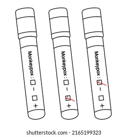 Diagnosis of blood samples for monkeypox virus. Sketch. Test tubes with patient tests. Set of vector illustrations. Three results: positive, negative, unfinished. Coloring book. 