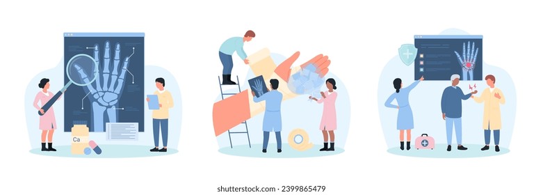 Diagnosis of bone diseases, injury of arm set vector illustration. Cartoon tiny doctors treat broken sick arm with ice and bandage, people examine xray of human wrist with magnifying glass in hospital