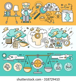 Diagnosis of brain psychology flat design. Psychiatry therapy, disorder and meditation, emotion stress, human mind health, intellect and medicine, mental and neurology. Set of thin, lines icons