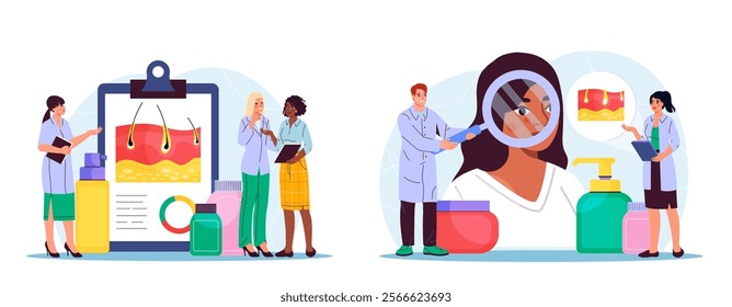 Diagnosis by dermatologist set. Doctors analyze structure of dermis. Beautician with magnifying glass examines acne on womans face. Flat vector collection isolated on white background