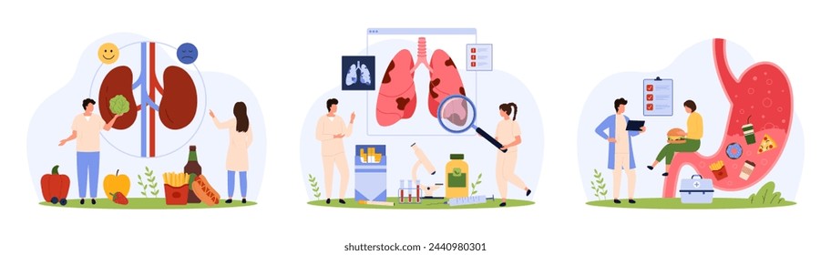 Die Diagnose chronischer Erkrankungen der inneren Organe wird vom Arzt gestellt. Winzige Menschen untersuchen die Nieren des Patienten auf Steine, untersuchen Entzündungen in der Lunge und menschliche Magenprobleme Cartoon Vektor Illustration