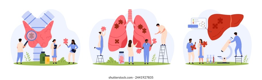 Diagnose von Krankheiten der inneren Organe gesetzt. Winzige Leute forschen mit Lupe und Mikroskop, verbinden Puzzleteile in der menschlichen Schilddrüse, Leber und Lunge Cartoon Vektor-Illustration