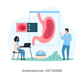 Diagnosis of diseases of stomach and digestive system, gastroscopy. Tiny people study human stomach cavity with endoscope tube, medical procedure to diagnose gastritis cartoon vector illustration