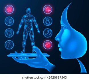 Diagnosis of diseases using artificial intelligence. A hologram of a man on a tablet. Interactive scanning of internal organs.