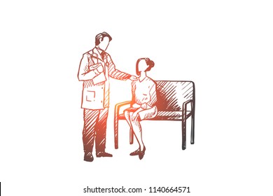 Diagnosis, doctor, patient, oncology, clinic concept. Hand drawn doctor talks with a female patient in hospital concept sketch. Isolated vector illustration.