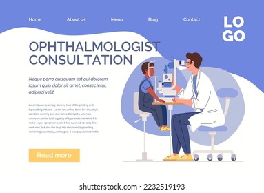 Diagnosis of eye diseases. Optometrist checks child's vision using ophthalmic equipment. Doctor and patient in ophthalmology clinic. Vector characters illustration. Web template, landing page, website