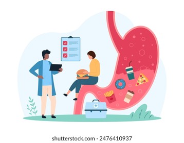 Diagnosis of gastritis, awareness of fast food bad effect on gastric mucosa. Tiny people study infographic medical chart of stomach full of junk food, warning of danger cartoon vector illustration